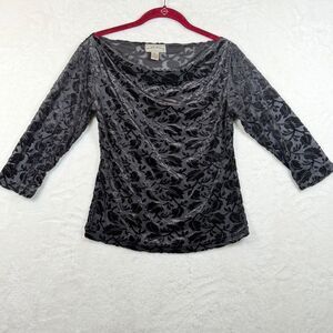 Frazier Lawrence Velvet Burnout Top Womens S Black Floral Cowl Neck 3/4 Sleeve